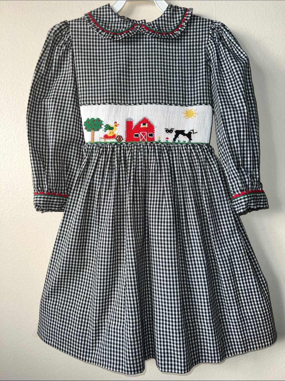 VTG Classic Black Gingham Farm Hand Smocked Kids Costume Dress Sz. 4